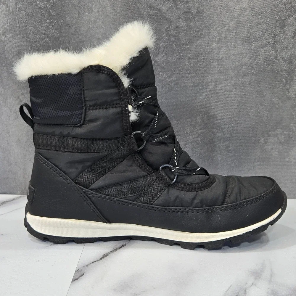 Sorel Whitney Short Lace Boots Womens 7.5 Black Waterproof Winter Faux Fur Snow